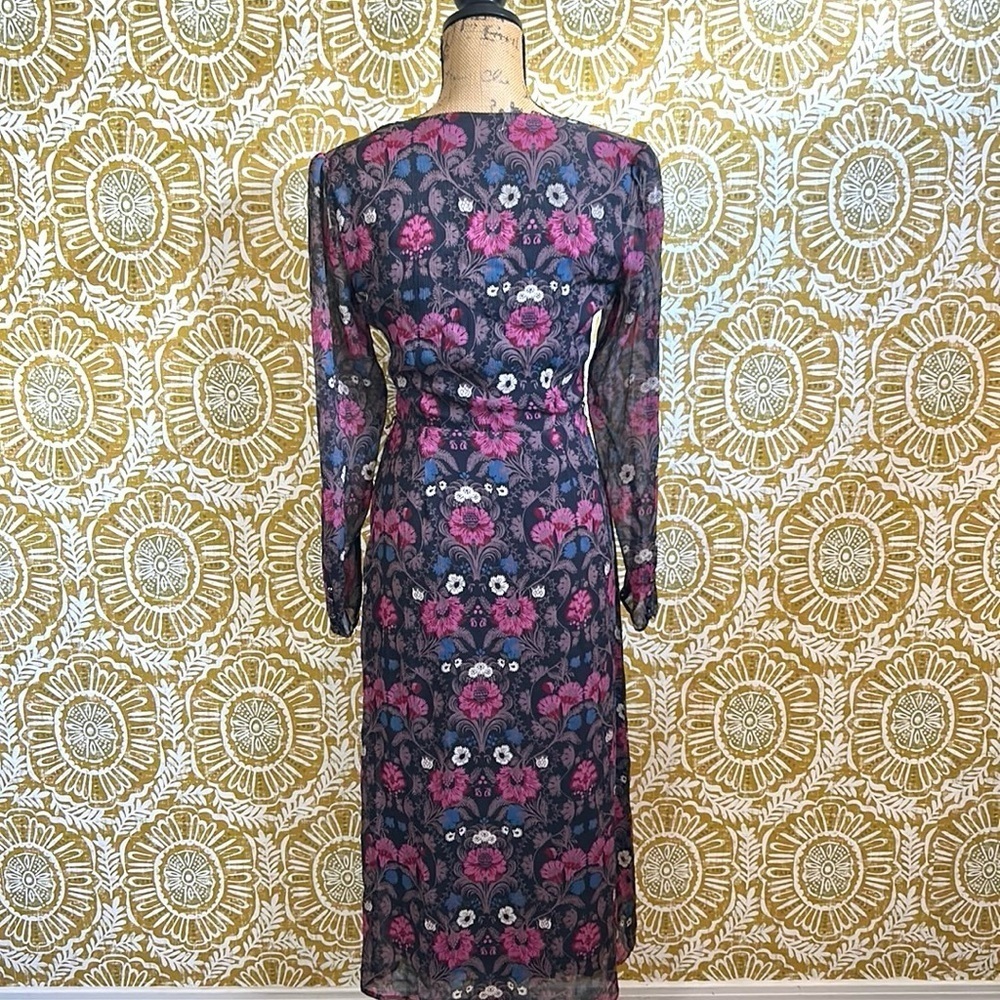 PAIGE Ledara Floral Silk Long Sleeve Faux Wrap Midi Dress in Black Multi Sz XS - Picture 11 of 14